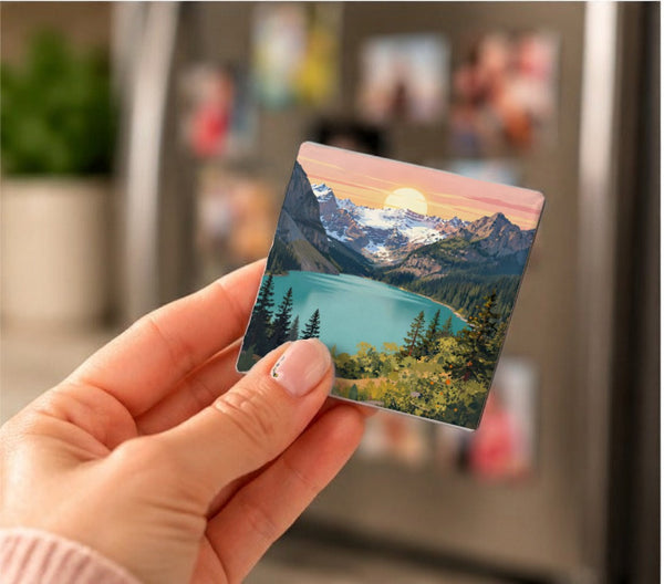 Canadian Landscape Art Magnets held in a hand