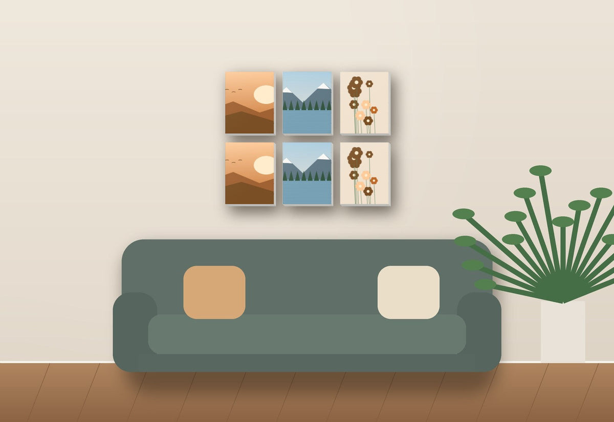 Wall display of six canvas panels above a sofa